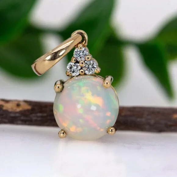 2.4cts Ethiopian Opal Pendant in 14K Solid Gold with Natural Diamond Accents - Picture 5 of 9
